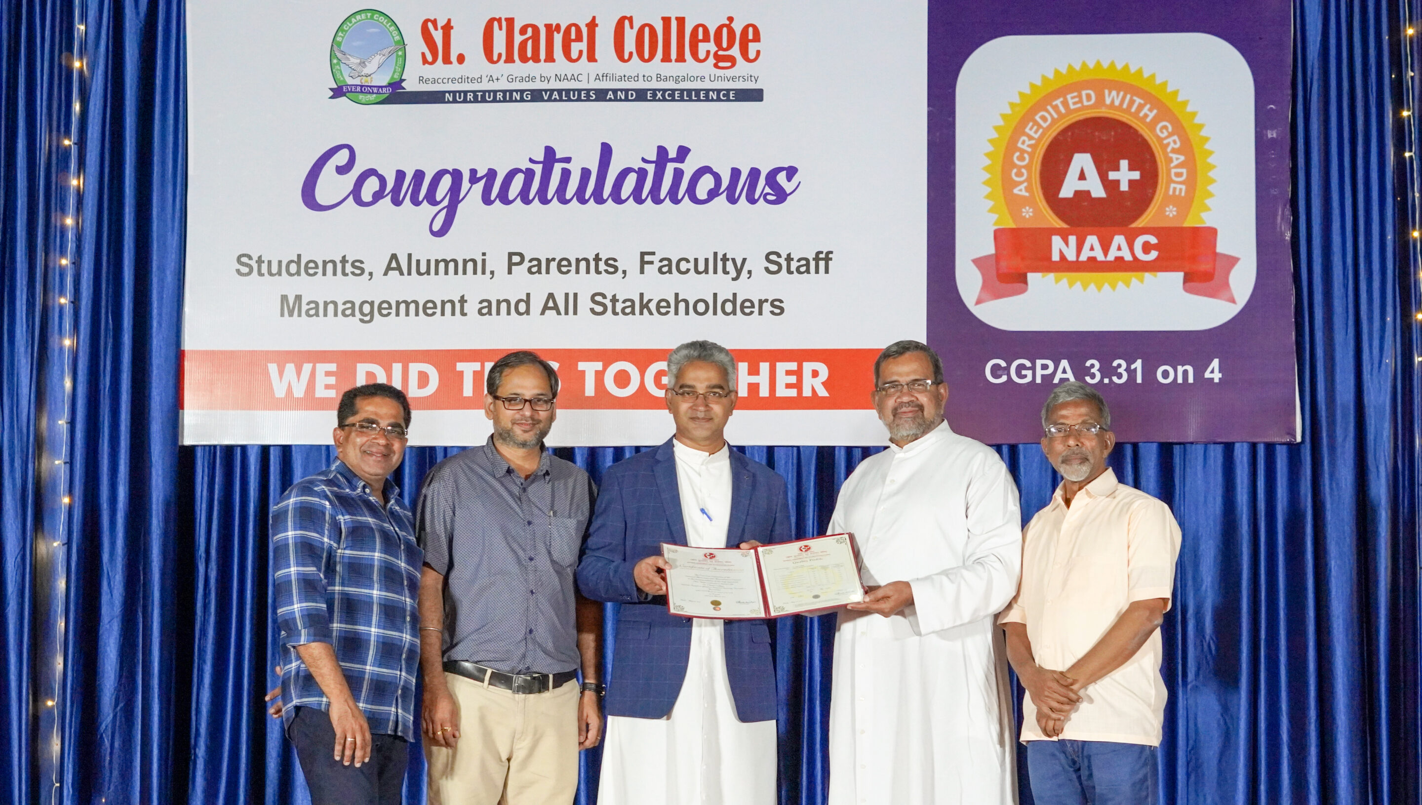 Le St. Claret College, Bangalore, a reçu la note A+ du NAAC
